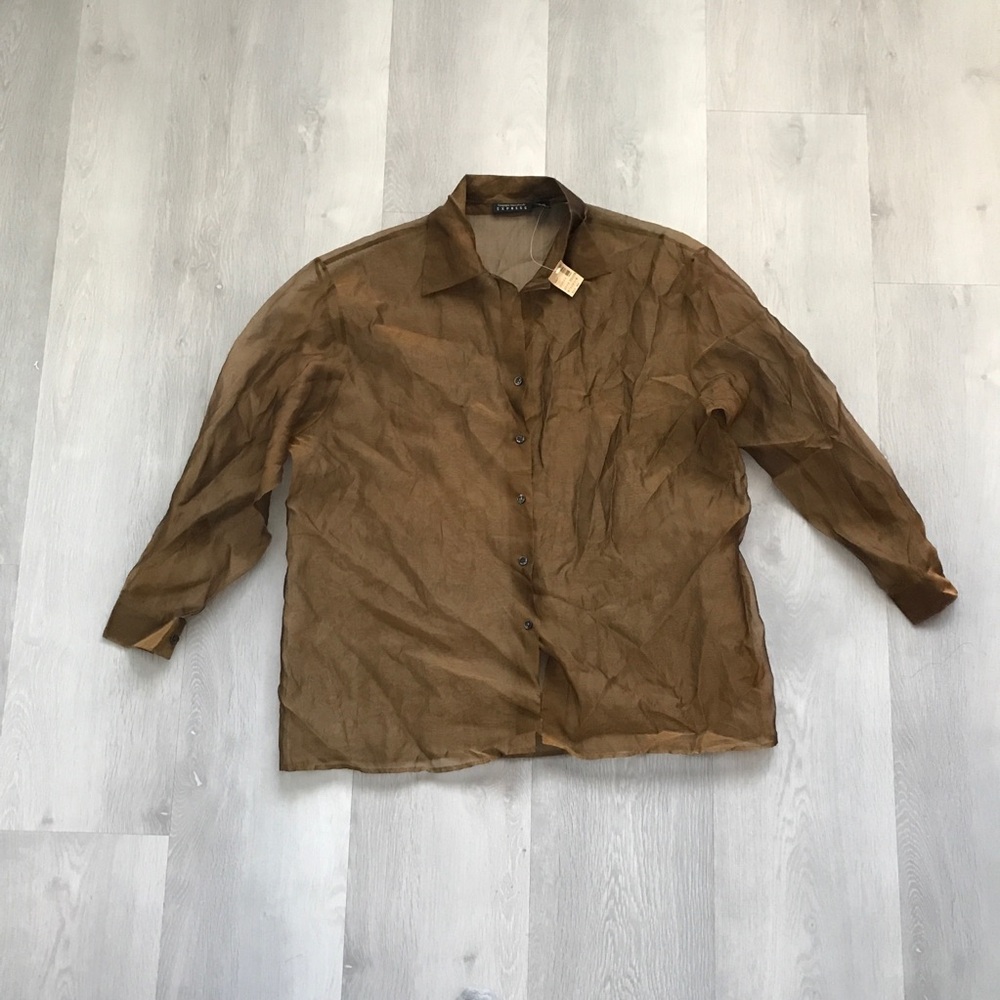 VINTAGE EXPRESS SHIRT BROWN SHEER BUTTON FRONT LONG SLEEVE WOMENS LARGE